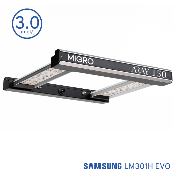 The MIGRO ARAY 150 is a high efficiency grow light with 3.0 µmol/Joule PPE delivering full spectrum light, high PAR intensity with unparalleled uniformity